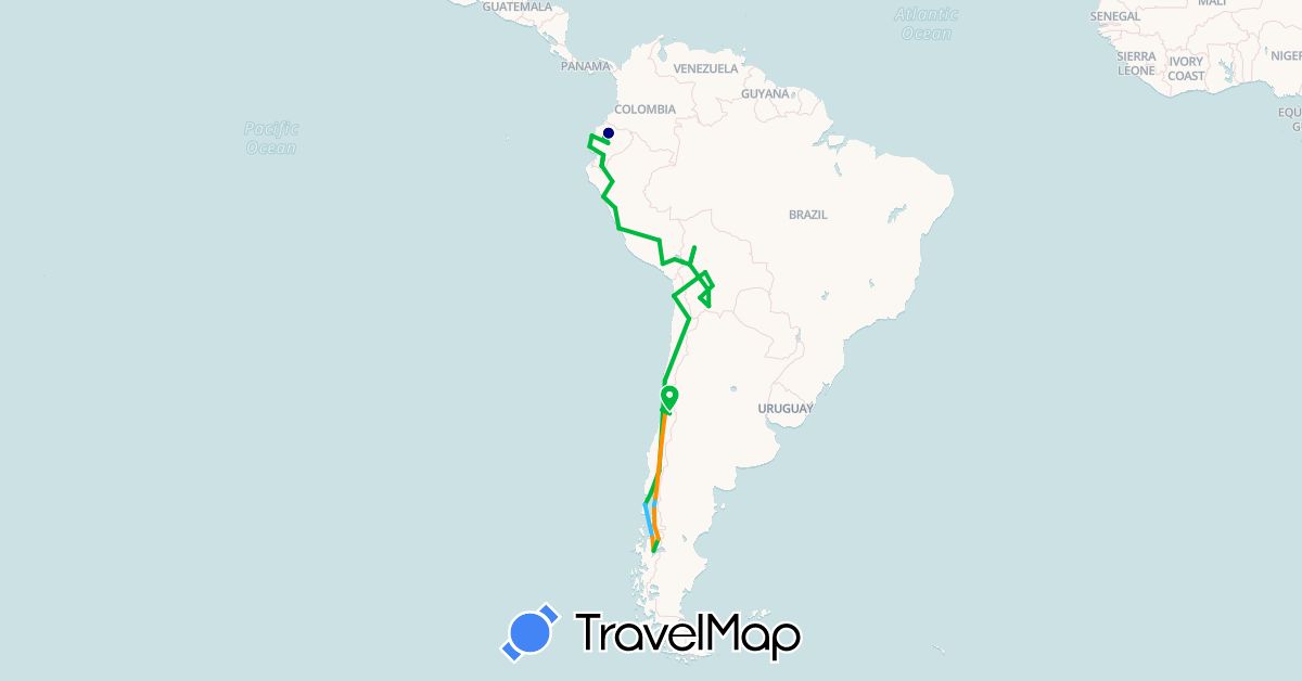 TravelMap itinerary: driving, bus, hiking, boat, hitchhiking in Bolivia, Chile, Ecuador, Peru (South America)